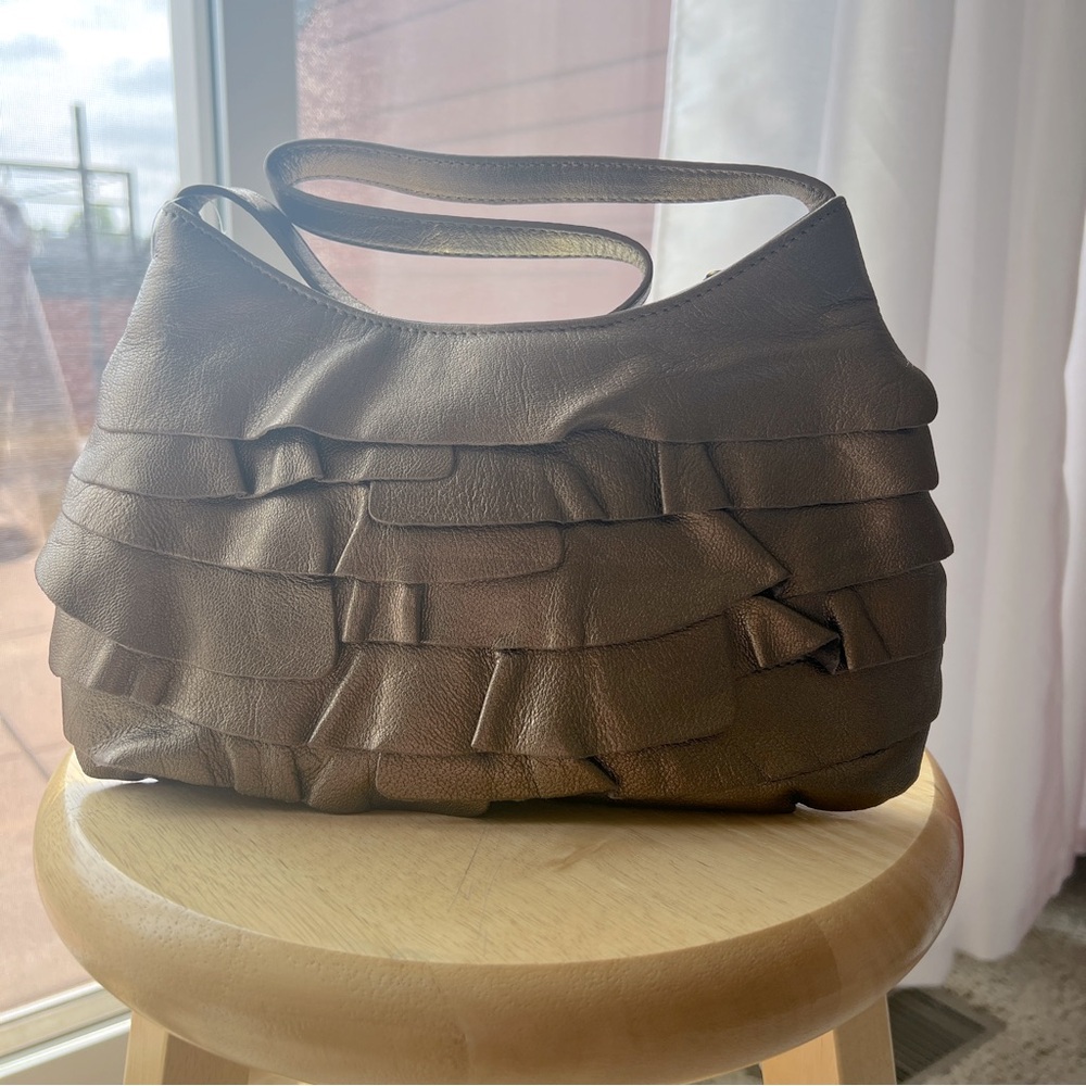 NWT Coldwater Creek Ruffled Leather Purse Handbag Bronze Metallic C8